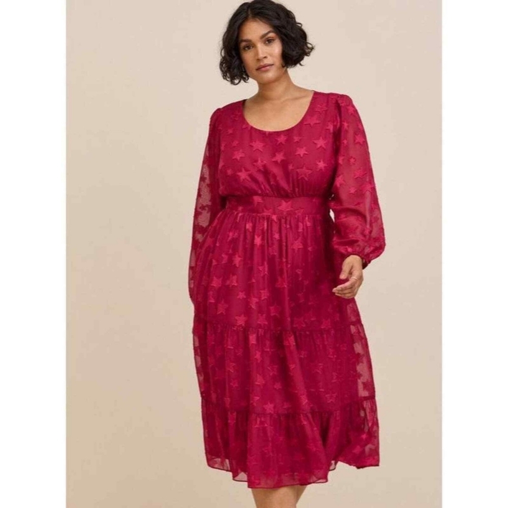 Torrid plus size Midi Clip Dot Chiffon Tiered Dress size 2X Burgundy NWT